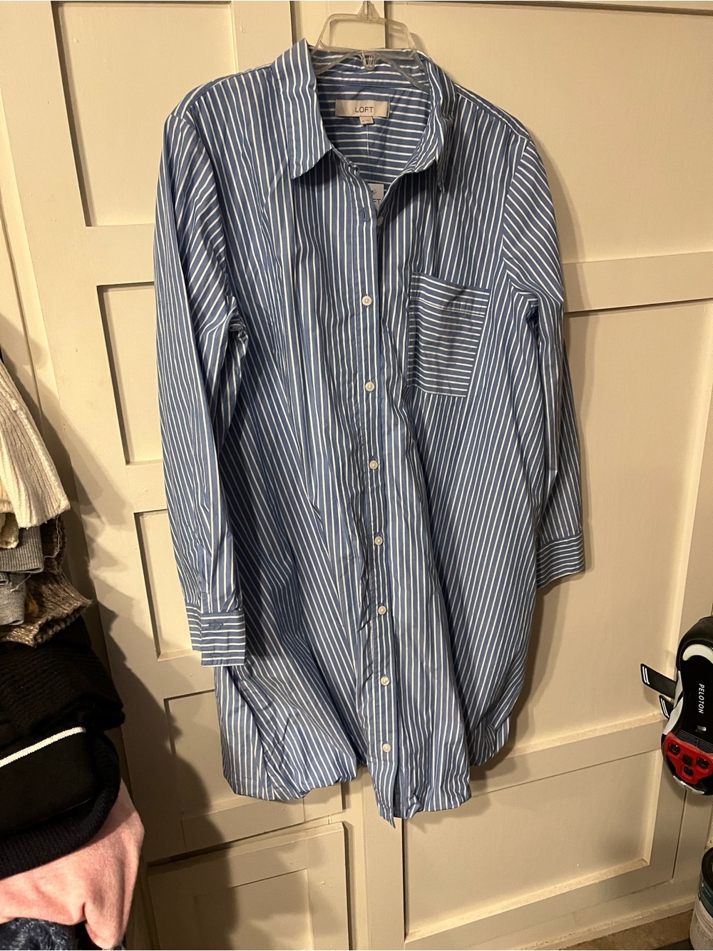 LOFT Blue Striped Bubble Hemmed Shirt Dress